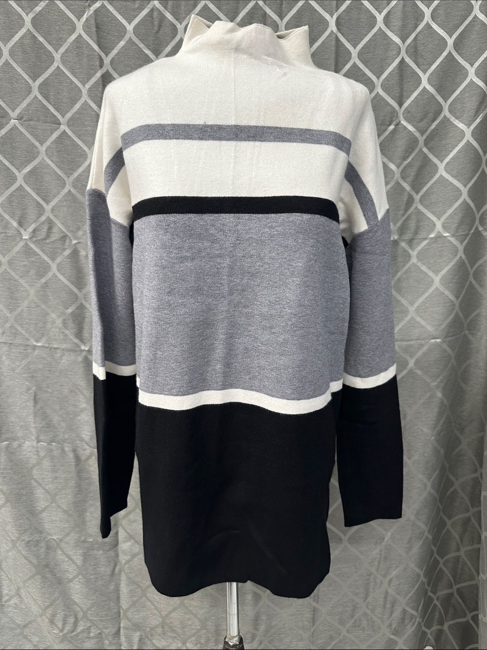 Cynthia Rowley Black, Gray & White Striped Cowl Neck Sweater